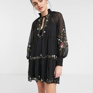 embroidered mini smock dress with shirred cuffs